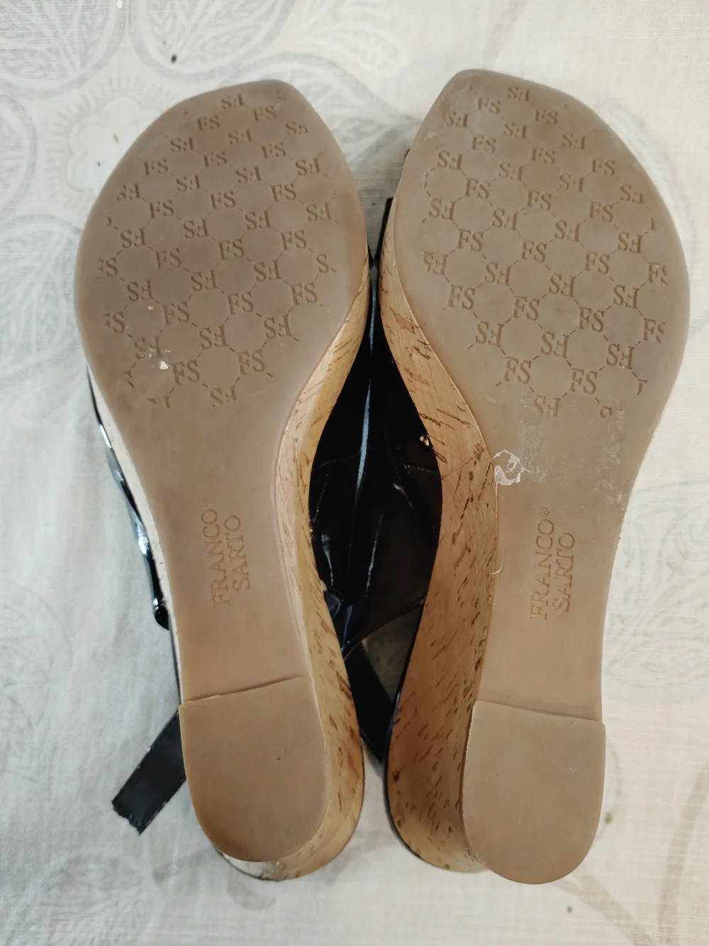 Franco Sarto Black Patent Leather Wedge Slingback Heels